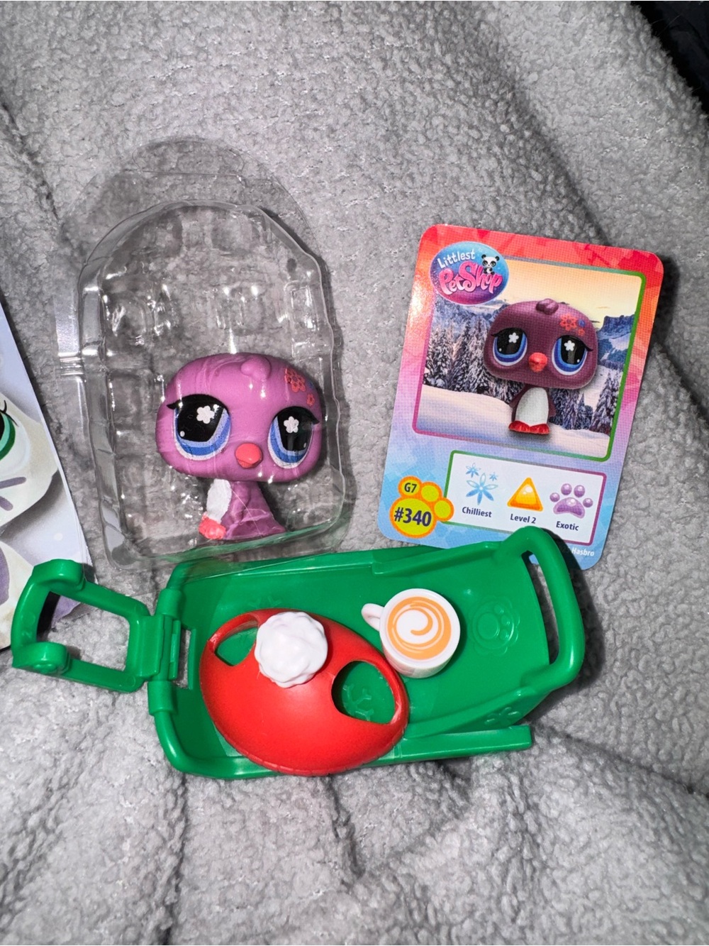Littlest Pet Shop #340 purple penguin with Green Sled and Red Accessory